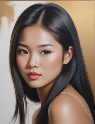 
Craft a captivating canvas artwork using a brush, featuring a 17-year-old Asian girl. Pay meticulous attention to detail, portraying her fair skin tone and sleek, blonde hair. The composition should center on a close-up of her face, emphasizing the smooth texture of her hair and the delicate features of her complexion. Utilize precise brushstrokes to convey the subtleties of her expression, ensuring a lifelike and expressive representation.


