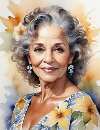 Create a mesmerizing watercolor portrait of an elegant Brazilian woman in her 50s. Capture the intricate details of her sun-kissed, moreno skin and gracefully graying, curly hair. The focus should be a close-up of her face adorned in a floral dress. Achieve a superior quality depiction, emulating the styles of Mary Whyte, Joseph Zbukvic, and Lorraine Watry.

