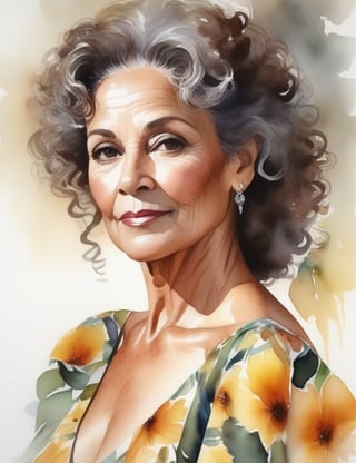 Create a mesmerizing watercolor portrait of an elegant Brazilian woman in her 50s. Capture the intricate details of her sun-kissed, moreno skin and gracefully graying, curly hair. The focus should be a close-up of her face adorned in a floral dress. Achieve a superior quality depiction, emulating the styles of Mary Whyte, Joseph Zbukvic, and Lorraine Watry.

