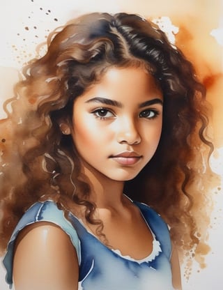 Create a captivating watercolor artwork on canvas, portraying a 13-year-old Mexican girl with caramel skin and loose, curly hair. The focus is on a close-up of her face. Utilize the delicate strokes of watercolor to intricately capture every nuance. Craft a superior watercolor art piece on canvas that vividly showcases the unique features of her appearance.

