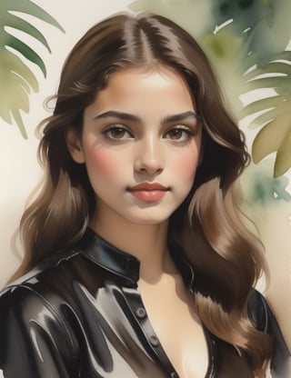 "Craft a watercolor painting portraying a beautiful 19-year-old Brazilian woman. Capture the grace of her light brown complexion, dark brown eyes, and the elegance of her black leather blouse in a close-up of her face. Emphasize soft details to evoke a sense of tropical charm. Draw inspiration from watercolor artists like Winslow Homer, Mary Cassatt, and John Singer Sargent, known for their ability to infuse life and subtlety into their aquarelle works."

