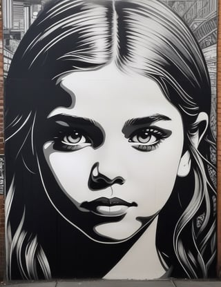 Create an intricate graphite artwork on an urban wall, portraying a 10-year-old Dutch girl with straight and closely gathered hair. Focus on a close-up of her face, intricately capturing details in the style of urban wall art. Draw inspiration from the intricate details and expressiveness in urban art by Banksy, the richness of details and vibrant colors in the works of Obey Giant, and the fusion of realism and abstraction in the urban creations of Swoon. Craft a superior graphite mural that seamlessly blends these influences into an outstanding portrayal.

