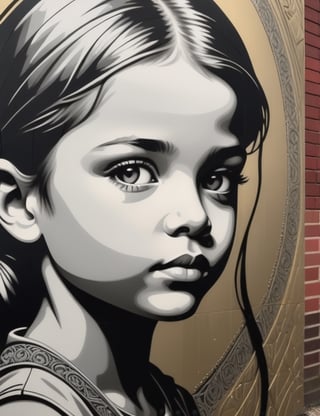 Create an intricate graphite artwork on an urban wall, portraying a 10-year-old Dutch girl with straight and closely gathered hair. Focus on a close-up of her face, intricately capturing details in the style of urban wall art. Draw inspiration from the intricate details and expressiveness in urban art by Banksy, the richness of details and vibrant colors in the works of Obey Giant, and the fusion of realism and abstraction in the urban creations of Swoon. Craft a superior graphite mural that seamlessly blends these influences into an outstanding portrayal.

