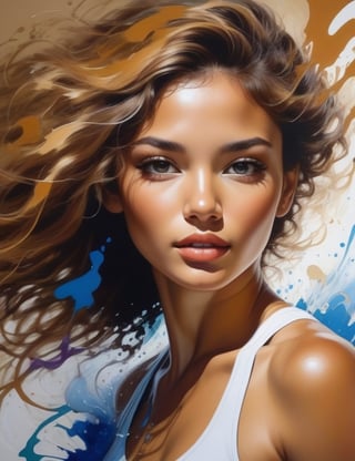 "Create a dynamic splash painting portraying a 20-year-old Uruguayan woman. Capture the dynamic details of her slightly round face, voluminous body, and long, caramel-colored, curly hair as she wears gym attire. The splash effect should emphasize the vibrant energy. Focus on a close-up of her face with expressive detailing. Draw inspiration from artists like Hua Tunan, David Walker, and Iris Scott, known for their mastery in dynamic and expressive splash paintings."

