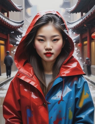 "Immerse the canvas in the vibrant energy of a 15-year-old Chinese girl in a lively splash painting. Capture the dynamic details of her fair complexion, full lips adorned with red lipstick, and the essence of her wearing a cold weather jacket in a chilly city during a trip. Craft a close-up of her face to emphasize the vividness of her features. Draw inspiration from splash artists like Sam Francis, Holton Rower, and Hua Tunan, known for their ability to infuse life and movement through bold use of color."

