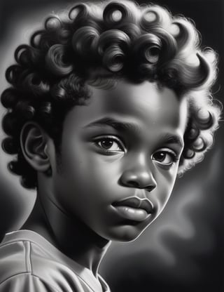 Create a striking wall graffiti artwork portraying a 12-year-old boy from Nigeria using graphite. Pay meticulous attention to detail, capturing the deep, dark black skin tone and the wavy, tightly coiled texture of his hair. The composition should be a close-up of his face, highlighting the unique features of his complexion and the distinct curls of his hair. Use the graphite medium to convey the subtleties of his expression, ensuring a lifelike and expressive representation.

