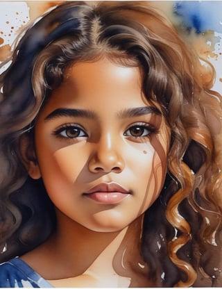 Create a captivating watercolor artwork on canvas, portraying a 13-year-old Mexican girl with caramel skin and loose, curly hair. The focus is on a close-up of her face. Utilize the delicate strokes of watercolor to intricately capture every nuance. Craft a superior watercolor art piece on canvas that vividly showcases the unique features of her appearance.

