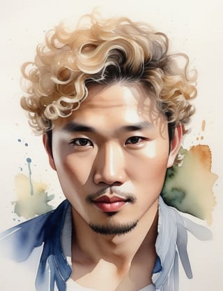 Create a captivating watercolor artwork portraying a 30-year-old Asian man with fair skin, tight and short blonde curly hair. The focus is on a close-up of his face. Use the delicate and fluid nature of watercolors to intricately capture every detail. Craft a superior watercolor piece that gracefully highlights the unique features of his appearance.

