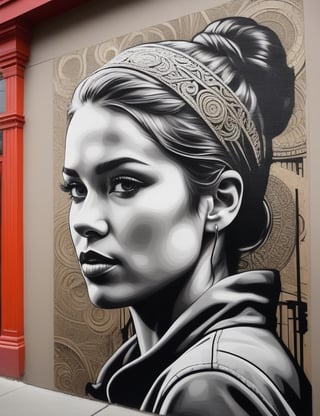 Create an intricate graphite artwork on an urban wall, portraying a 25-year-old Norwegian woman with short and closely gathered hair. Focus on a close-up of her face, intricately capturing details in the style of urban wall art. Draw inspiration from the intricate details and expressiveness in urban art by Banksy, the richness of details and vibrant colors in the works of Obey Giant, and the fusion of realism and abstraction in the urban creations of Swoon. Craft a superior graphite mural that seamlessly blends these influences into an outstanding portrayal.


