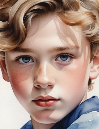 Create a mesmerizing watercolor artwork portraying a 15-year-old Australian boy with fair skin and tightly curled, closely-knit hair. The focus is on a close-up of his face. Use the fluidity and delicacy of watercolors to intricately capture every detail. Craft a superior watercolor piece that elegantly showcases the unique features of his appearance.

