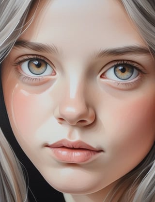 Create a delicate gouache artwork on canvas featuring a 12-year-old English girl. Emphasize her fair skin tone, light brown eyes, and long, straight gray hair in a close-up of her face. Infuse the subtle details reminiscent of Lisa Congdon's gentle gouache techniques, ensuring superior quality and extreme attention to facial features. Capture the delicacy seen in Agata Wierzbicka's portraits for a unique blend of softness and realism, drawing inspiration from the realistic approach of Cinta Vidal to deliver an exquisite and detailed artistic representation.

