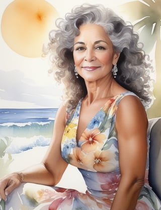 Create a mesmerizing watercolor portrait of an elegant Brazilian woman in her 50s. Capture the intricate details of her sun-kissed, moreno skin and gracefully graying, curly hair. The focus should be a close-up of her face adorned in a floral dress. Achieve a superior quality depiction, emulating the styles of Mary Whyte, Joseph Zbukvic, and Lorraine Watry.

