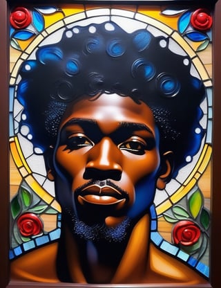 "Craft a radiant glass painting portraying a 20-year-old African man. Highlight the luminous details of his dark black complexion, full lips, short and typical African hairstyle, and the crown on his head. Emphasize the absence of a shirt to showcase his strong muscles. Create a close-up with extreme detailing in the glass painting style. Draw inspiration from artists like Marc Chagall, Tiffany Studios, and Cinta Vidal, known for their ability to blend vibrant details and create expressive works in the style of stained glass."

