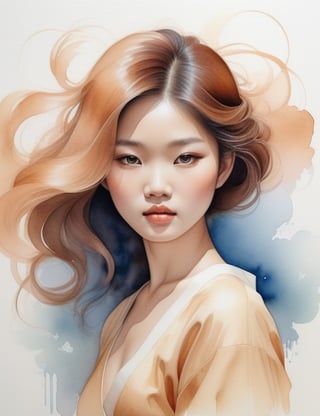 Craft a delicate watercolor art piece on paper featuring a 20-year-old Asian woman. Emphasize her caramel skin tone and voluminous, wavy hair in a close-up of her face. Incorporate intricate details reminiscent of Tran Nguyen's subtle yet captivating watercolor techniques, ensuring superior quality and extreme attention to facial features. Infuse the vibrancy seen in Kazuki Takamatsu's portraits for a unique blend of color and emotion, drawing inspiration from the poetic realism of Hsiao-Ron Cheng to create a truly captivating and detailed artwork.

