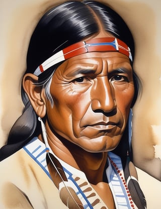 "Create a watercolor painting portraying a 20-year-old Native American man from North America. Capture the serenity of his light brown complexion, long black hair, and the authenticity of his traditional Native American attire in a close-up of his face. Emphasize the cultural details with respect and precision. Draw inspiration from watercolor artists like Charles Demuth, John Singer Sargent, and Agnes Goodsir, known for their ability to convey depth and serenity in portraits."

