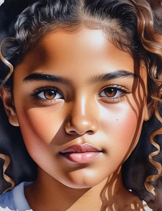 Create a captivating watercolor artwork on canvas, portraying a 13-year-old Mexican girl with caramel skin and loose, curly hair. The focus is on a close-up of her face. Utilize the delicate strokes of watercolor to intricately capture every nuance. Craft a superior watercolor art piece on canvas that vividly showcases the unique features of her appearance.

