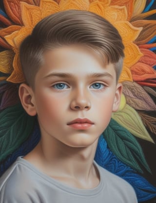 Create an intricate crayon painting artwork, portraying a 14-year-old Russian boy with white skin and caramel-colored eyes. Focus on a close-up of his face, intricately capturing details in the style of crayon painting. Draw inspiration from the intricate details and expressiveness in crayon paintings by Ester Roi, the unique technique and vibrancy in crayon works by Don Marco, and the realism and softness in crayon paintings by Paul Cristina. Craft a superior crayon painting that seamlessly blends these influences into an outstanding portrayal.

