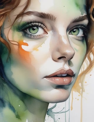 Create a captivating watercolor splash art on canvas featuring a 40-year-old European woman. Her fair skin, green eyes, and slightly curly, wavy hair should be depicted in a close-up of her face. Infuse the artwork with the intricate details reminiscent of Agnes Cecile's watercolor technique, ensuring superior quality and extreme attention to facial features. Channel the essence of Anna Cattish's portraiture for a unique blend of realism and emotion, inspired by the exquisite and detailed style of Helene Delmaire.

