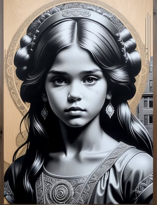 Create an intricate graphite artwork on an urban wall, portraying a 10-year-old Dutch girl with straight and closely gathered hair. Focus on a close-up of her face, intricately capturing details in the style of urban wall art. Draw inspiration from the intricate details and expressiveness in urban art by Banksy, the richness of details and vibrant colors in the works of Obey Giant, and the fusion of realism and abstraction in the urban creations of Swoon. Craft a superior graphite mural that seamlessly blends these influences into an outstanding portrayal.

