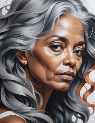 Create an intricate gouache painting artwork, portraying a 55-year-old Brazilian woman with wavy and voluminous gray hair. Focus on a close-up of her face, intricately capturing details in the style of gouache painting. Draw inspiration from the intricate details and expressiveness in gouache paintings by Agnes Cecile, the softness and color harmony in gouache works by Chloe Giordano, and the technique and realism in gouache paintings by Marco Mazzoni. Craft a superior gouache painting that seamlessly blends these influences into an outstanding portrayal.

