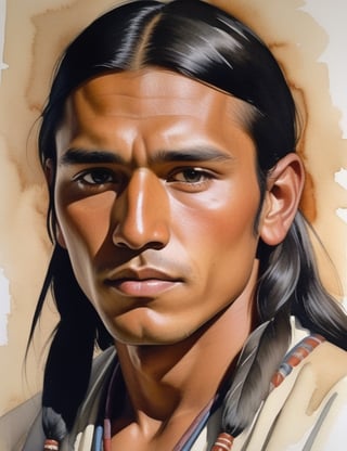 "Create a watercolor painting portraying a 20-year-old Native American man from North America. Capture the serenity of his light brown complexion, long black hair, and the authenticity of his traditional Native American attire in a close-up of his face. Emphasize the cultural details with respect and precision. Draw inspiration from watercolor artists like Charles Demuth, John Singer Sargent, and Agnes Goodsir, known for their ability to convey depth and serenity in portraits."

