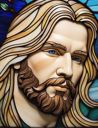 Craft an intricate stained glass artwork featuring a 30-year-old English man with fair skin and long, flowing blonde hair. The focus is on a close-up of his face. Utilize the vibrant and translucent qualities of stained glass to intricately capture every nuance. Create a superior stained glass art piece that vividly showcases the unique features of his appearance.

