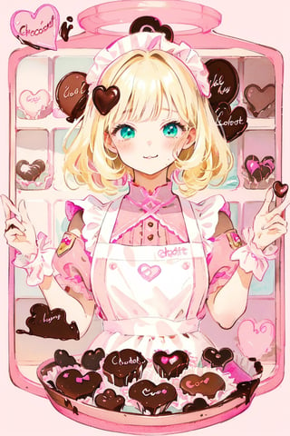 1 teenage girl, blonde hair, ((selling chocolate for boyfriend at chocolate shop)), Pink patent leather maid, pink dress,white thighhighs,white apron,cross-laced clothes, masterpiece, best quality, looking at viewer, vintage fantasy, watercolor, warm pastel colour tone, colourpencil style, ((half body)),kawaii face,kawaiitech