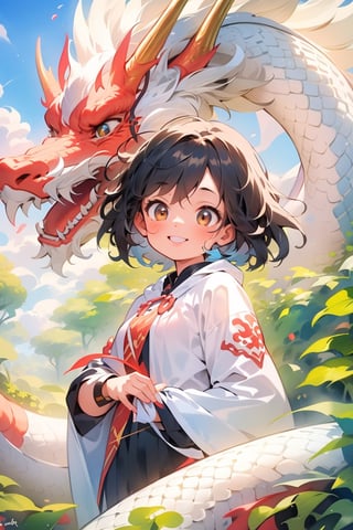 solo, black hair,1 teenage girl, smile, female focus, 1 dragon head, eastern dragon,watercolor