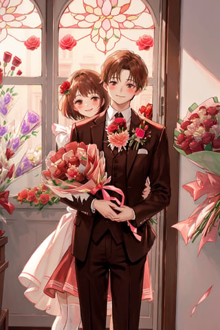 1girl, smile, blonde hair, wear pink patent leather maid, pink dress,white thighhighs,white apron,cross-laced clothes. ((1boy wear suit, brown short hair)), ((the boy buy red roses bouquet from the girl in an indoor flower shop with window)),  masterpiece, best quality, looking at each other, vintage fantasy, watercolor, warm pastel colour tone, colourpencil style, close up, valentine's_day, 2 persons stand opposite