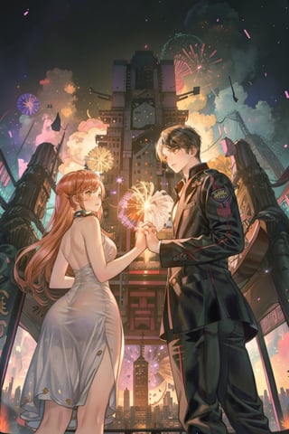 1boy and 1girl, back view, holding hands, ((many fireworks explode over a city skyline)), best quality, masterpiece,((BOTTOM VIEW)), cyber_asia, dark night, best hands, perfect hands,Cyberpunk 