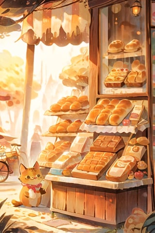 a beautiful artwork illustration, detailed scenery, environment design illustration, highly detailed scene, beautiful anime scenery concept art, immensely detailed scene, vintage paper, more detail XL, Warm pastel colors, brown, shuicaixiaodian, sunset, an outdoor bread shop, window shopping, a brown cat, hat, mascot costume stand outside, seller, cute, kawaii
