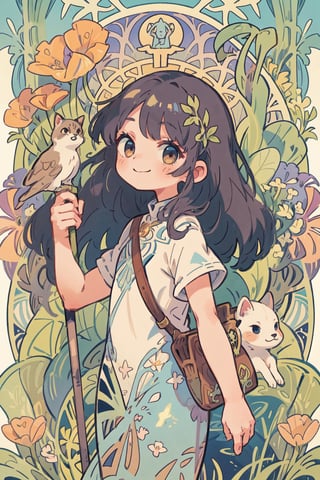 (masterpiece, best quality, highly detailed, ultra-detailed, intricate), illustration, pastel colors, art_nouveau, Art Nouveau by Alphonse Mucha, tarot, A young woman, carrying a small bag and a cane in her hand, is smiling, A cute puppy 
 next to her,full of innocence, innocence and no fear. The Fool card represents a new beginning, new adventures and challenges, and a spirit of faith, courage, and optimism