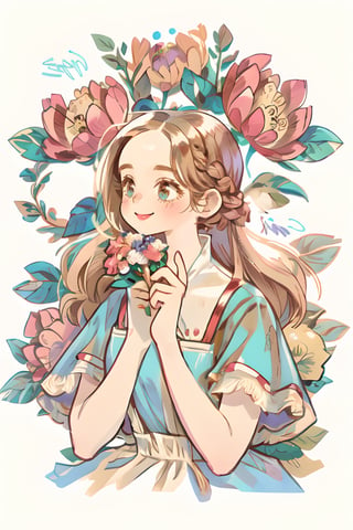 (masterpiece, best quality), hyperdetailed, warm pastel colour, flat color, brown, ultra detailed, smile, detailed eyes, 1 girl like anna, frozen, grey long braid hair, ((she wears only brown vintage dress, holding bouquet)), charismatic, character sheet, (multiple views, upper body, side body, back body, reference sheet:1),(lora:GirlfriendMix2:1),monochrome,sketch,greyscalee,watercolor, vintagepaper,perfect, hand, fingers,hand