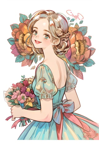(masterpiece, best quality), hyperdetailed, warm pastel colour, flat color, brown, ultra detailed, smile, detailed eyes, 1 girl, grey braid hair, ((she wears only vintage dress, holding bouquet)), charismatic, character sheet, (multiple views, upper body, side body, back body, reference sheet:1),(lora:GirlfriendMix2:1),monochrome,sketch,greyscalee,watercolor, vintagepaper,perfect