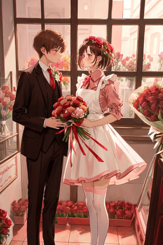 1girl, blonde hair, wear pink patent leather maid, pink dress,white thighhighs,white apron,cross-laced clothes. ((1boy wear suit, brown short hair)), ((the girl selling red roses bouquet to the boy in an indoor flower shop with window)),  masterpiece, best quality, looking at each other, vintage fantasy, watercolor, warm pastel colour tone, colourpencil style, close up, valentine's_day, 2 persons stand opposite