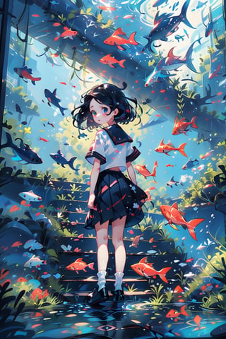 1girl, fish, stairs, scenery, solo, skirt, railing, black hair, standing in a room watching outside is a underworld, like aquarium, school uniform, short hair, underwater, serafuku, wide shot, jellyfish, shoes, pleated skirt, bubble, from behind, coral, facing away, shirt, socks, underworld,watercolor,shaonv,kawaiitech,High detailed 