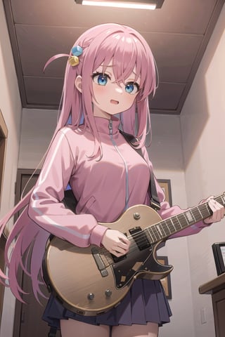 (masterpiece),1girl, ,gotou1,  solo, skirt, pink jacket, track jacket, bangs, hair between eyes, long sleeves, medium breasts, bard, long hair, pink hair, quiver, guitar, instrument, ((indoor concert)), open mouth