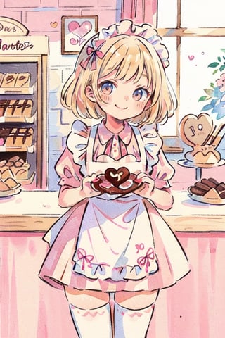((1 female, blonde hair)), wear pink patent leather maid, pink dress,white thighhighs,white apron,cross-laced clothes. The girl  selling chocolate box set in an indoor chocolate shop with smile,  masterpiece, best quality, looking at viewer, vintage fantasy, watercolor, warm pastel colour tone, colourpencil style, close up, valentine's_day 