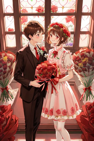 1girl, smile, blonde hair, wear pink patent leather maid, pink dress,white thighhighs,white apron,cross-laced clothes. ((1boy wear suit, brown short hair)), ((the boy buy red roses bouquet from the girl in an indoor flower shop with window)),  masterpiece, best quality, looking at each other, vintage fantasy, watercolor, warm pastel colour tone, colourpencil style, close up, valentine's_day, 2 persons stand opposite