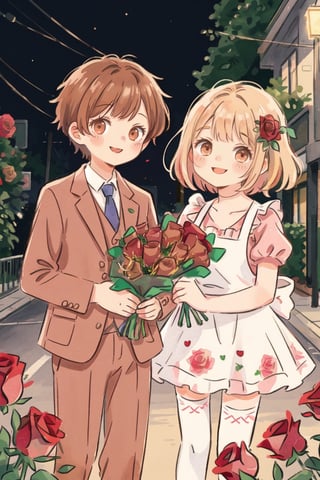 1girl, smile, blonde hair, wear pink dress ,white thighhighs,white apron,cross-laced clothes. ((1boy wear suit, brown short hair)), ((the boy gives red roses bouquet to the girl in an outdoor street, looking at each other at midnight)),  masterpiece, best quality, vintage fantasy, watercolor, warm pastel colour tone, colourpencil style, ((close up)), valentine's_day, 2 persons stand opposite