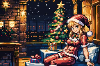 best quality, masterpiece, christmas tree, night, lights, 1girl sitting on a Christmas room, santa costume, smile, close up