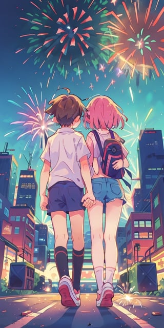 Teenage boy and girl, back view, holding hands, ((many fireworks explode over a city skyline)), best quality, masterpiece,BOTTOM VIEW,yofukashi background