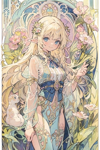 (masterpiece, best quality, highly detailed, ultra-detailed, intricate), illustration, pastel colors, art_nouveau, Art Nouveau by Alphonse Mucha, tarot, A teenage female elf, blonde hair, blue eyes, wearing lingerie, see-through, carrying a cane in her hand, is smiling, ((A cute cat next to her)),full of innocence, innocence and no fear. The Fool card represents a new beginning, new adventures and challenges, and a spirit of faith, courage, and optimism,watercolor,masterpiece
