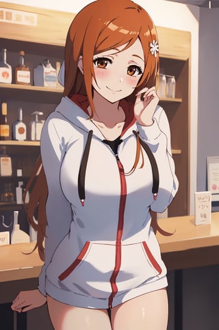 inoue orihime from Bleach,1girl, beautiful,perfect body, perfect face, total body, perfect anatomy,masterpiece, animegirl , sharp focus,
bar background, blushing,(Red cheeks), smile ((big hoodie))

