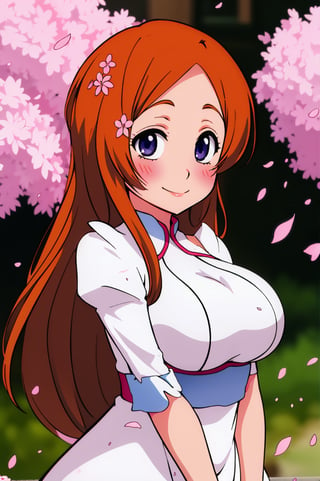 orihime inoue bleach,1girl, beautiful,big breasts , perfect body, perfect face, total body, perfect anatomy,masterpiece, animegirl , sharp focus,cherry blossom in the background,blushing,smile, beautiful dress