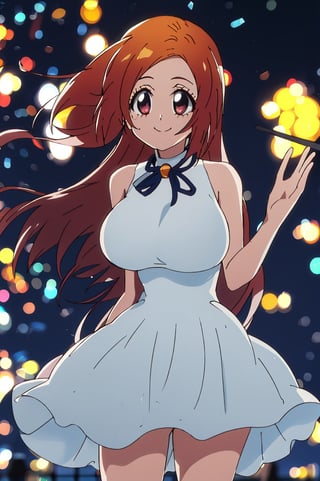 inoue orihime bleach,1girl, beautiful,big breasts , perfect body, perfect face, total body, perfect anatomy,masterpiece, animegirl , sharp focus,night sky,blushing,smile, beautiful dress