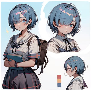 beautiful, masterpiece, best quality, extremely detailed face, perfect lighting, aarem, short hair, large breasts, hair over one eye, (school girl, school uniform:1.6), book, (CharacterSheet:1), (multiple views, full body, upper body, reference sheet:1), back view, front view, (white background, simple background:1.2