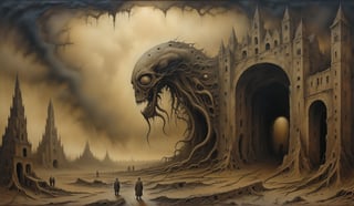 Painting made by Zdzislaw Beksinski, eldritch horror, abandoned city, landspace, masterpiece, megalophobia, acid trip, unsettling feel, oil painting on hardboard, dark sepia colors, photorealistic, Beksinski,horror,artistic oil painting stick,more detail XL, art by sargent,art by sargent