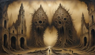 Painting made by Zdzislaw Beksinski, eldritch horror, abandoned city, landspace, masterpiece, megalophobia, acid trip, unsettling feel, oil painting on hardboard, dark sepia colors, photorealistic, Beksinski,horror,artistic oil painting stick,more detail XL, art by sargent,art by sargent