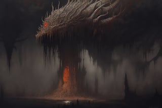 Painting made by Zdzislaw Beksinski, masterpiece, megalophobia, acid trip, unsettling feel, oil painting on hardboard, sepia colors, liminal space